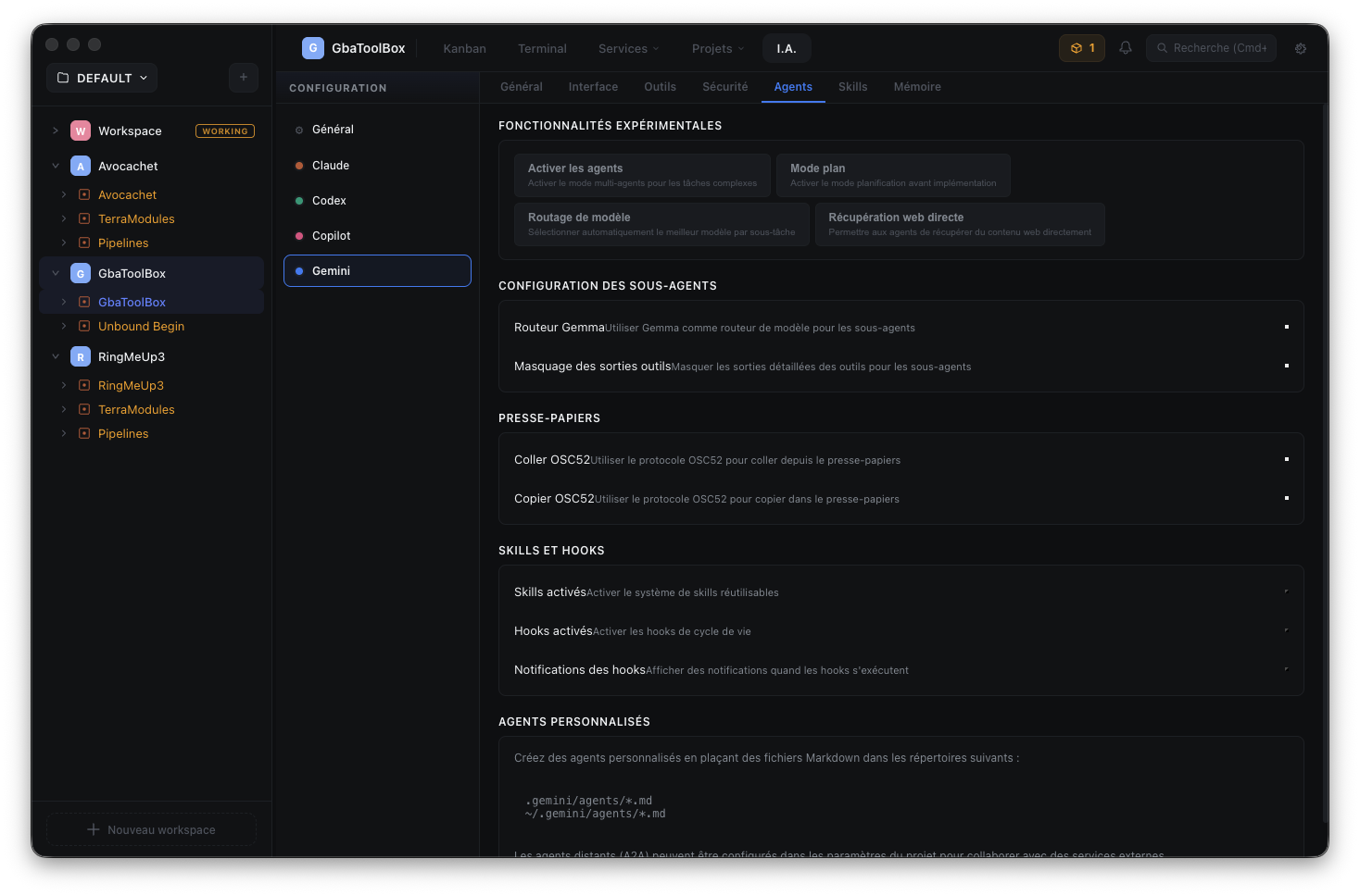 Gemini — Agents settings