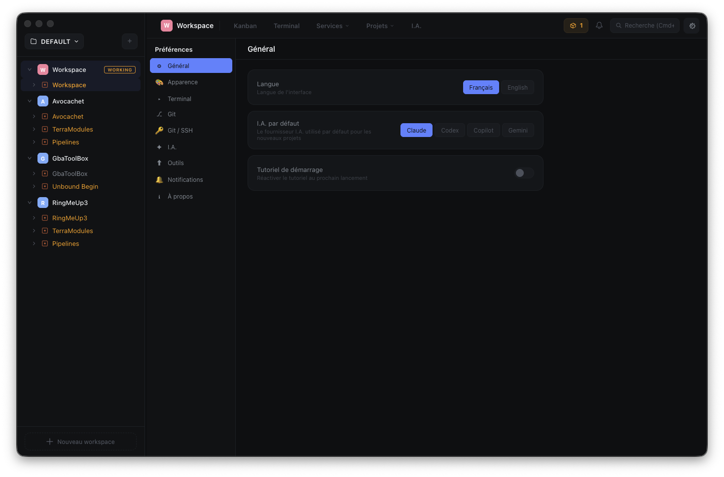 Settings — Preferences panel