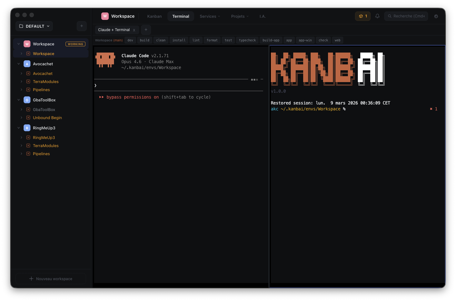Terminal split avec Claude Code et shell